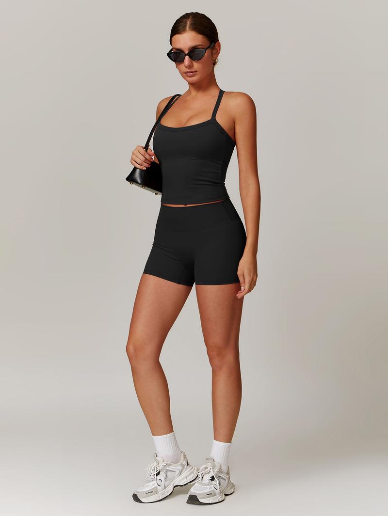 MASKERT Women's Solid Color Backless High Stretch Two-piece Set, Spaghetti Strap Crop Cami Top & High Waist Skinny Shorts, Breathable Sportswear for Yoga Gym Workout Indoor Outdoor