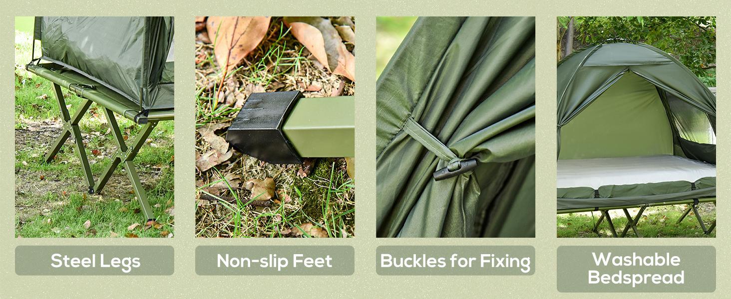 Outsunny 1/2 Person Foldable Camping Cot with Tent, Bedspread and Thick Air Mattress, 4-In-1 Elevated Camping Bed Tent for Outdoor Hiking, Picnic, Travel