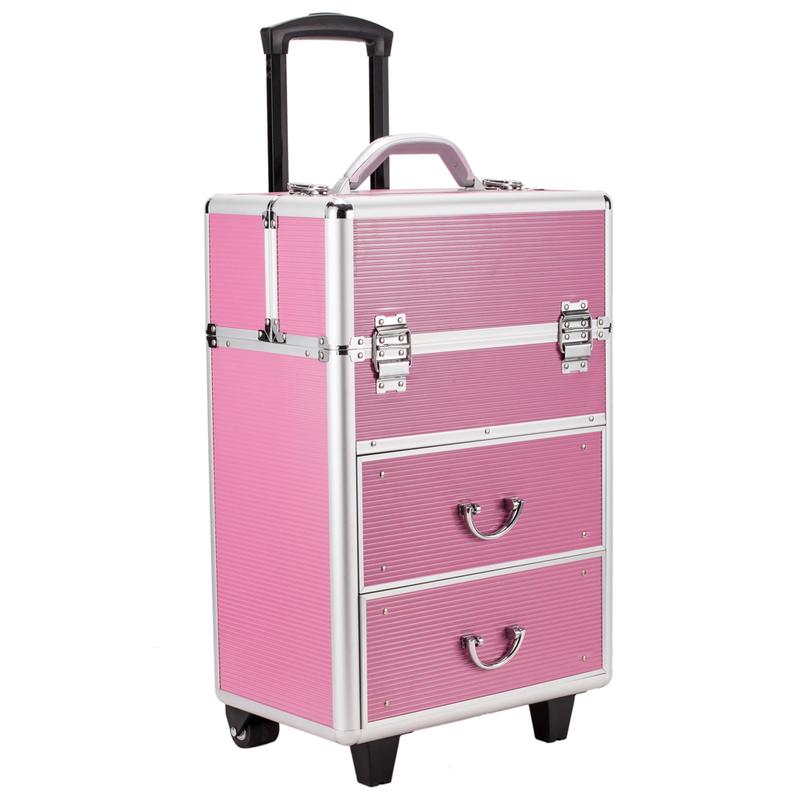 4 Tier Lockable Cosmetic Makeup Train Case with Extendable Trays Pink Aluminum Frame Travel Companion Secure Storage Stackable 6 Drawers Adjustable Handle