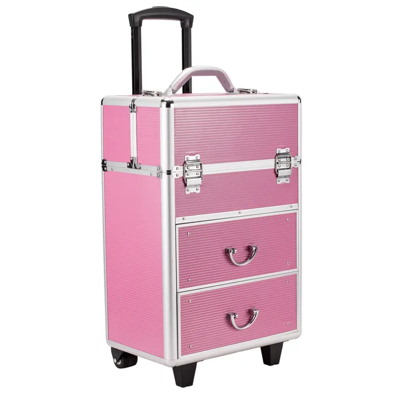 4 Tier Lockable Cosmetic Makeup Train Case with Extendable Trays Pink Aluminum Frame Travel Companion Secure Storage Stackable 6 Drawers Adjustable Handle