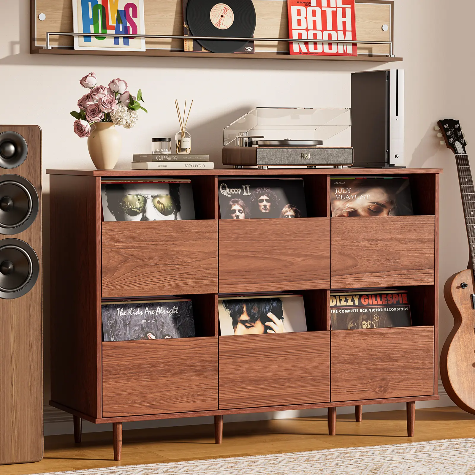 MIIFUNY Large Record Player Stand with Vinyl Storage , 2-Tier Record Storage Cabinet, Mid Century Turntable Stand, Vinyl Record Storage with Shelves for Bedroom, Living Room, Office (Walnut)