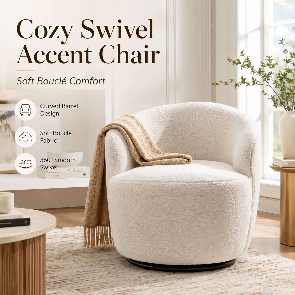 Ivory White Teddy Fabric Swivel Accent Barrel Armchair with Black Powder Coated Metal Base - Rotating, Comfortable for Small Spaces Camping, Home Office Decor