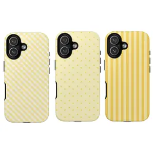 Yellow Aesthetic Tough Phone Case for iPhone 11, 12, 13, 14, 15, 16, 17 Pro Max Plus. Cute Gingham, Polka Dot & Stripe Pattern Protective Cover with Minimalist Design. Anti-Drop, Waterproof, Shockproof, Scratch-Resistant Full Protection & Glossy Finish.