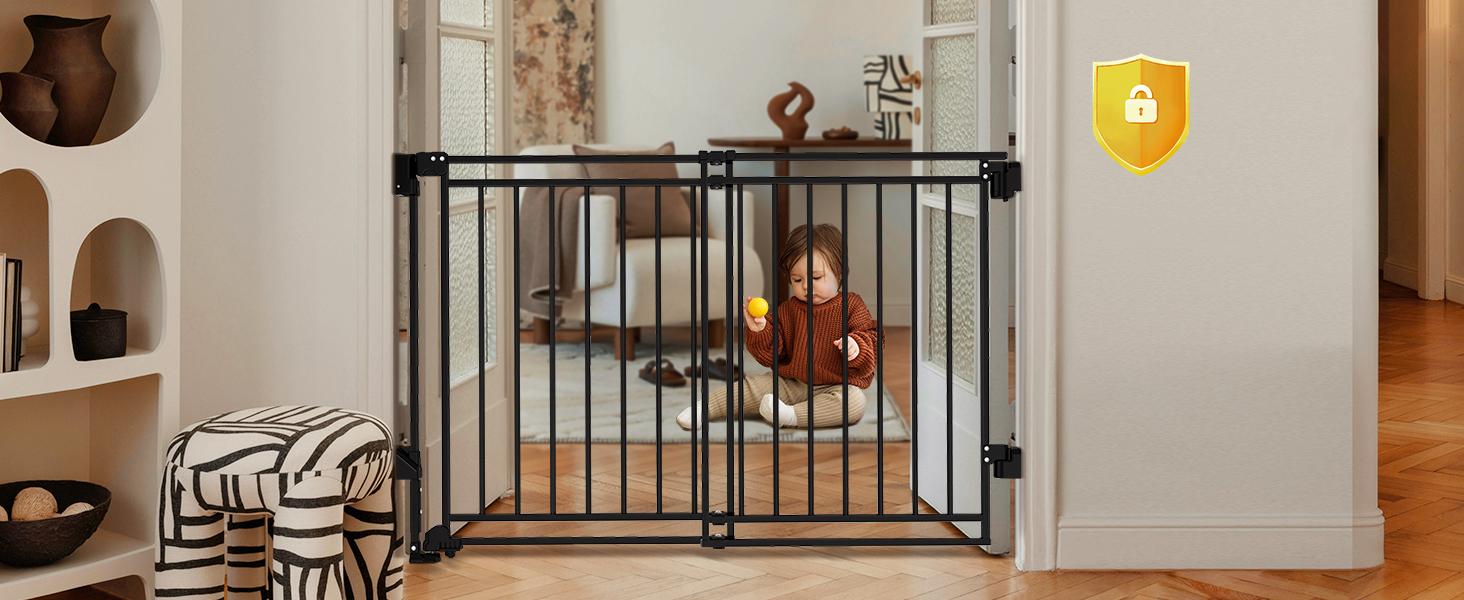 Baby Gate for Stairs Doorways & Kitchen, 26"-44" W x 28" H, No Bottom Bar Dog Gate, One-Handed Auto-Close, Hardware Mount Safety Gate for Dogs & Toddlers, Black/white