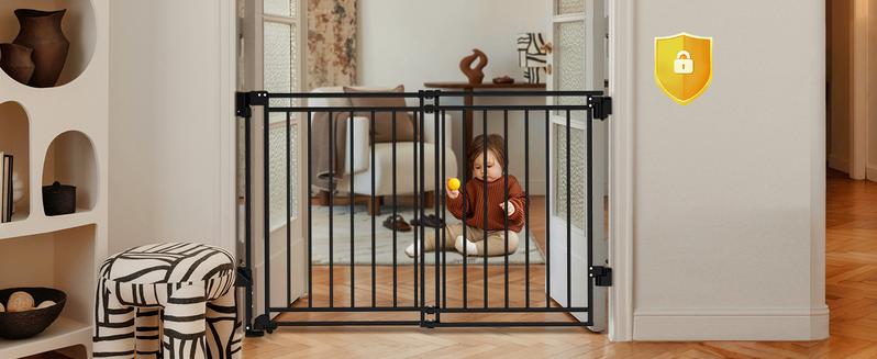 Baby Gate for Stairs Doorways & Kitchen, 26"-44" W x 28" H, No Bottom Bar Dog Gate, One-Handed Auto-Close, Hardware Mount Safety Gate for Dogs & Toddlers, Black/white
