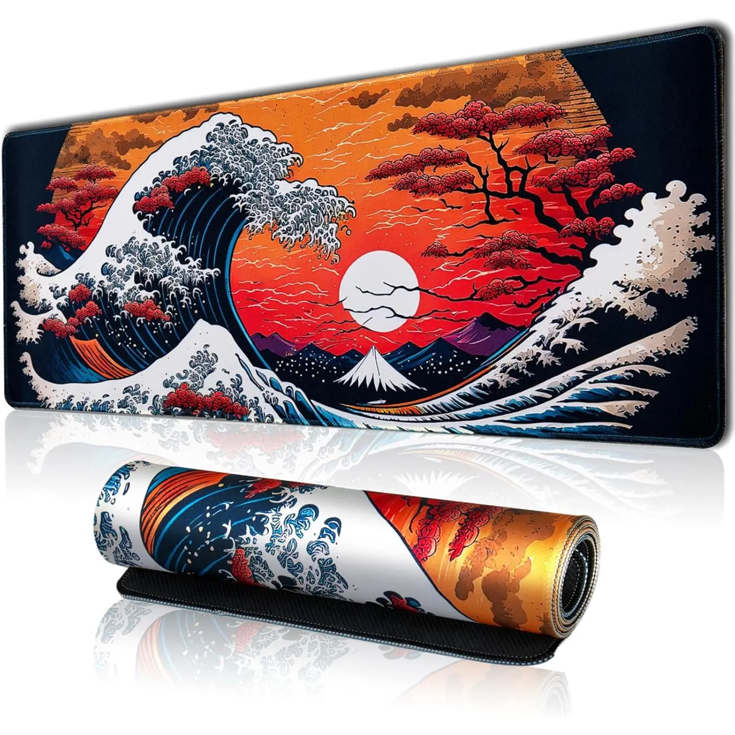 Japanese Sea Waves Large Gaming Mouse Pad for Desk, Desk Mat with Seamed Edges, Waterproof Desk Pad, Non-Slip Rubber Base, 24x14 Inch Keyboard Pad Computer Mat, Big XL Mousepad