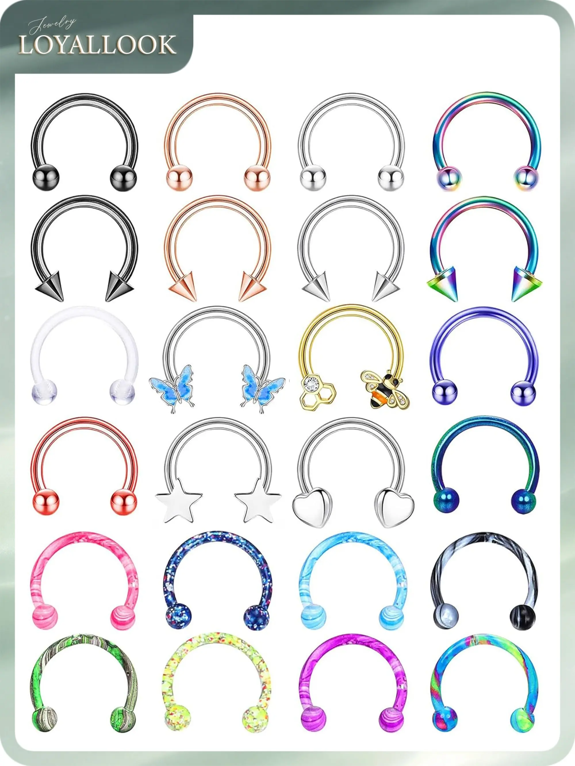 LOYALLOOK 24 PCS Septum Nose Rings for Women 16G - Hypoallergenic Horseshoe Lip Daith Piercing Jewelry Cute Small Stainless Surgical Steel Rook Conch Helix Tragus Daith Cartilage Earrings Hoops Set 10mm