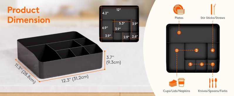 Paper Plate Organizer for Kitchen Countertop, Cutlery Flatware Dispenser Box for Cup Spoon Fork Plate Napkin, Black