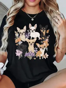 "A Pile of Chihuahua Dogs" Print T-Shirt Is Versatile, Easy to Maintain And Comfortable, Ladies Casual All-Season T-Shirt