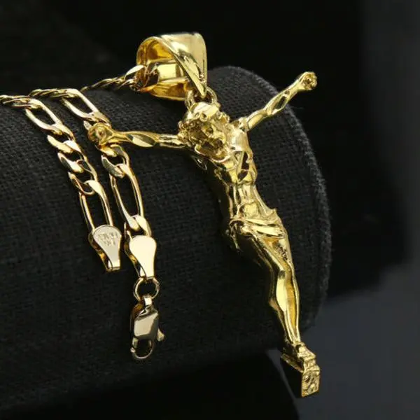 MaxBling81 Fashion Cross Pendant, AAA+ Brass Gold-Plated Jesus Crucifix Religious Charm with 5mm Figaro Chain Necklace (20" or 24") and 14K-Stamped Lock