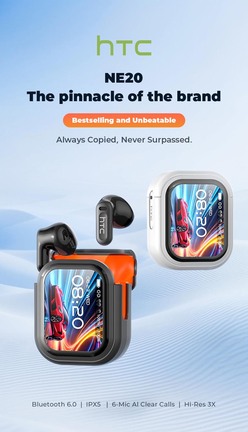 hTC NE20 Wireless Earbuds, TWS Bluetooth 6.0 Headphones, Touch Control LCD Full Color Display Screen Ear Buds, Wireless Earphones with Mic