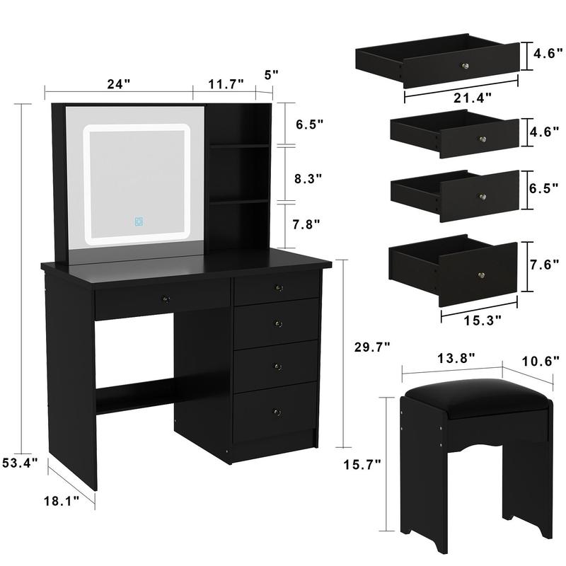 FUFU&GAGA Large Vanity Table Set with Sliding Lighted Mirror, Dressing Table with Drawers, Cushioned Stool, and Storage Capacity for Makeup and Beauty Supplies