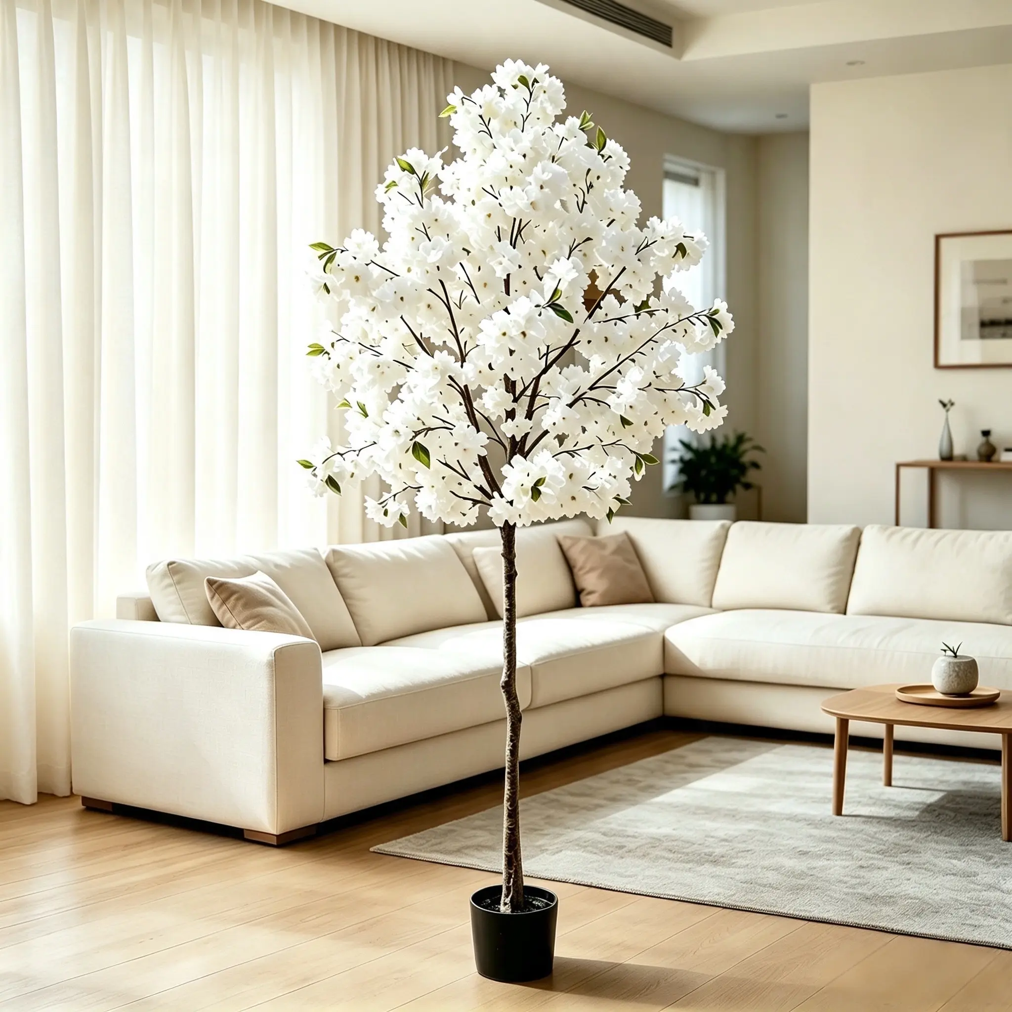 63in (5FT) Romantic Faux Cherry Blossom Tree - Detachable Bends Faux Tree with Pot, Silk Plastics White Sakura Decor for Living Room, Wedding