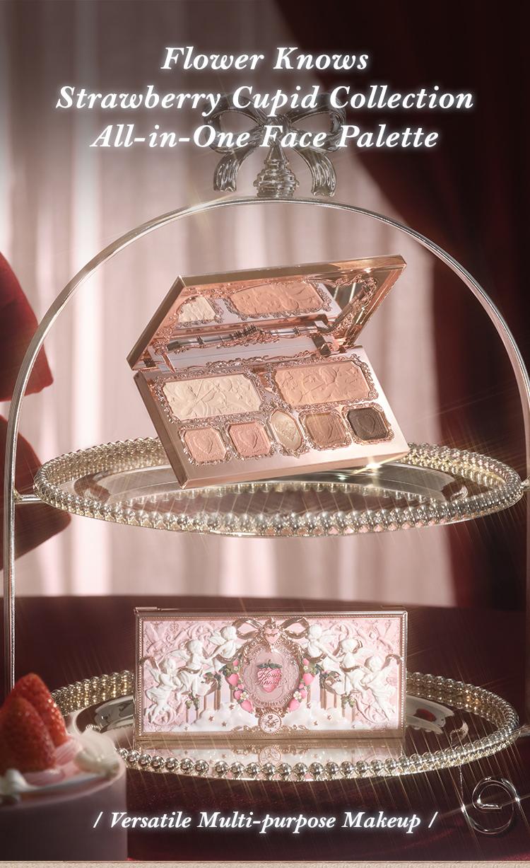 Flower Knows Strawberry Cupid Collection Makeup Palette, Matte, Shimmer, all-in-one Palette, Blush, Longlasting, High Pigment, Ideal For Office, Travel or Date