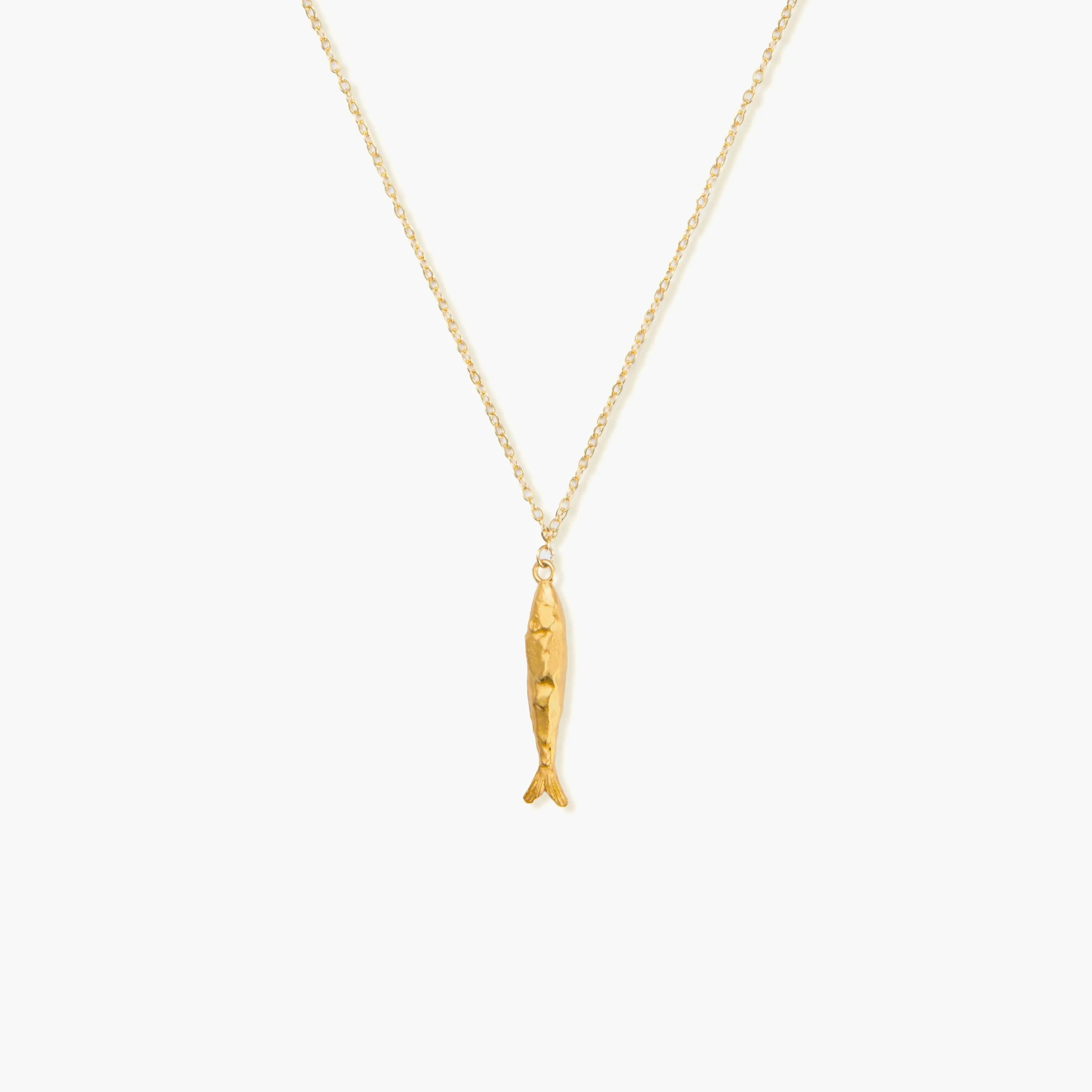 en route 18K Gold Plated Gold Anchovy Necklace, Fish-inspired Pendant with Textured Finish, Stylish Statement Piece for Pairing and Set Styling