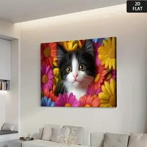 2D Flat, Black & White Kitten with Colorful Daisies Canvas Wall Art - Modern Minimalist Tabby Painting, Vibrant Yellow Pink Orange Flowers on White Background, Wrapped Framed Poster for Home Office Bedroom Decor, Inspirational Gift for Lovers	
