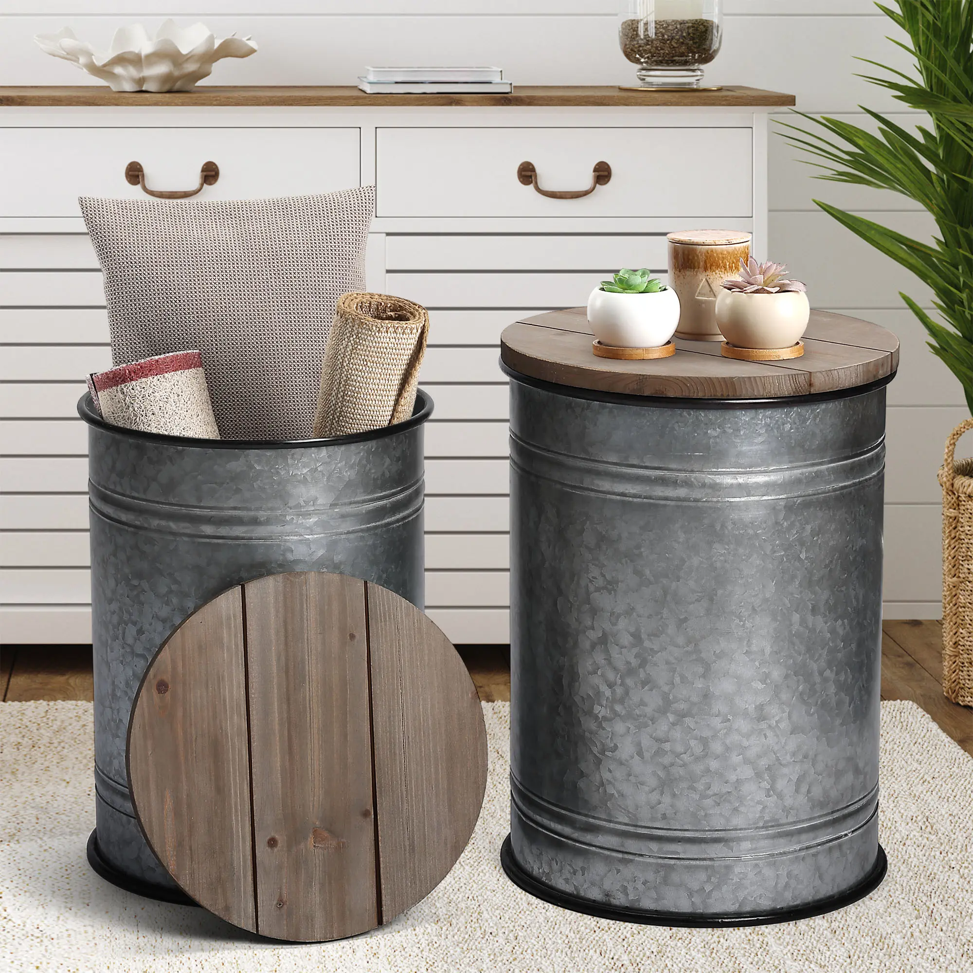 PieDle Farmhouse Accent Side Table, Rustic Storage Ottoman Seat Stool, Galvanized Antique Metal End Table Box Bin with Wood Lid, Coffee or Cocktail Table,Nesting Pieces Two
