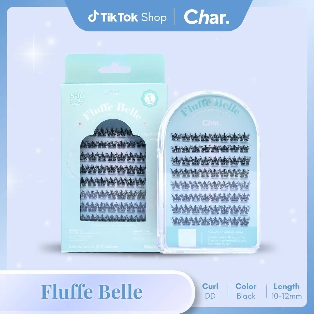 Fluffe Belle Pre-Glue False Eyelashes - 64 Pcs, 11mm, C Curl, Dramatic Faux Volume, Band-Free Design, 5-10 Days Wear, Lightweight, Sweatproof, Waterproof, Durable Glue Formula, Makeup Accessory, Invisible Finish