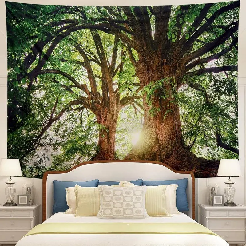 Large Nature Tree Room Tapestry Forest Backdrop, Dark Green Rainforest Scenic Landscape Wall Hanging Tapestries for Bedroom Office Dorm Indoor and Outdoor Decoration Large Size 91(L) x 71(W) Inch