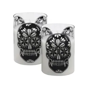 LumaBase 2-Pack Battery-Operated LED Glass Candles, Spooky Flickering Flame Sugar Skull Light, Home Decor Ornaments for Halloween & Day of the Dead Indoor Accessories