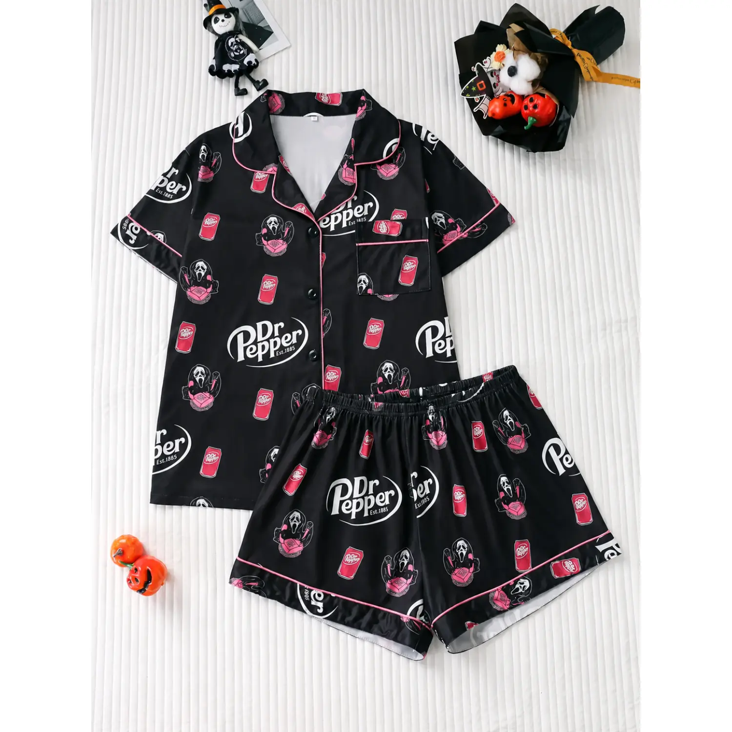 Gothic Skull Print Women's Halloween Pajama Set, Button-Up Short Sleeve Top with Loose Fit Shorts, Comfy Sleepwear