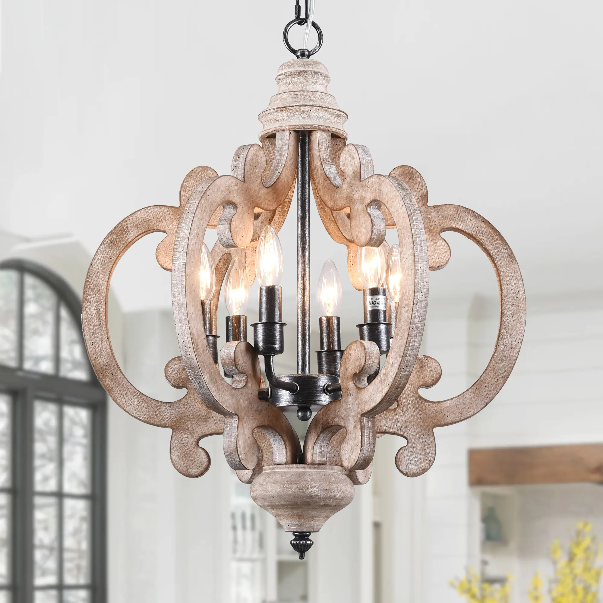 6 Lights 17.8" Small Size Farmhouse Style Wooden Distressed Chandelier with Candelabra Bulb Base and 70" Adjustable Chain for Home Decoration