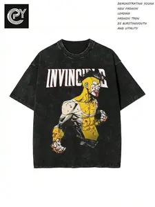 230G Washed Pure Cotton T-Shirt, Men's Superhero Style, With 'Invincible' Comic - Themed Print, Outdoor Sports T-Shirt |   Loose Fit |   Soft Knitted T-Shirt