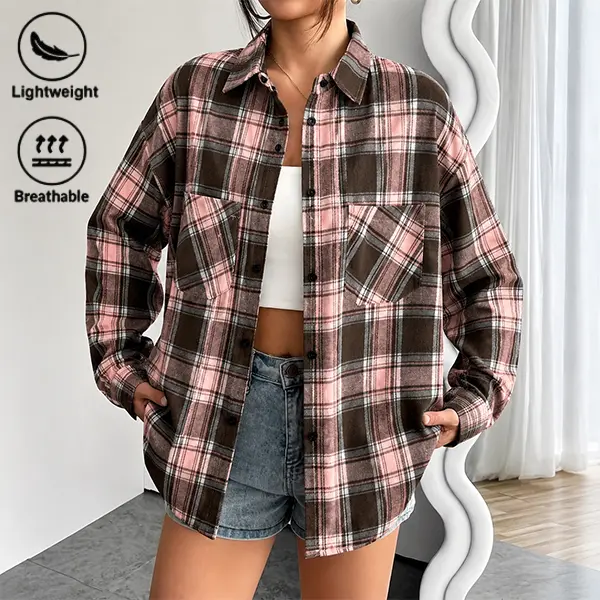 Women’s Oversized Plaid Flannel Shirt Jacket – Casual Long Sleeve Button Down Shacket, Streetwear Layered Top with Pockets