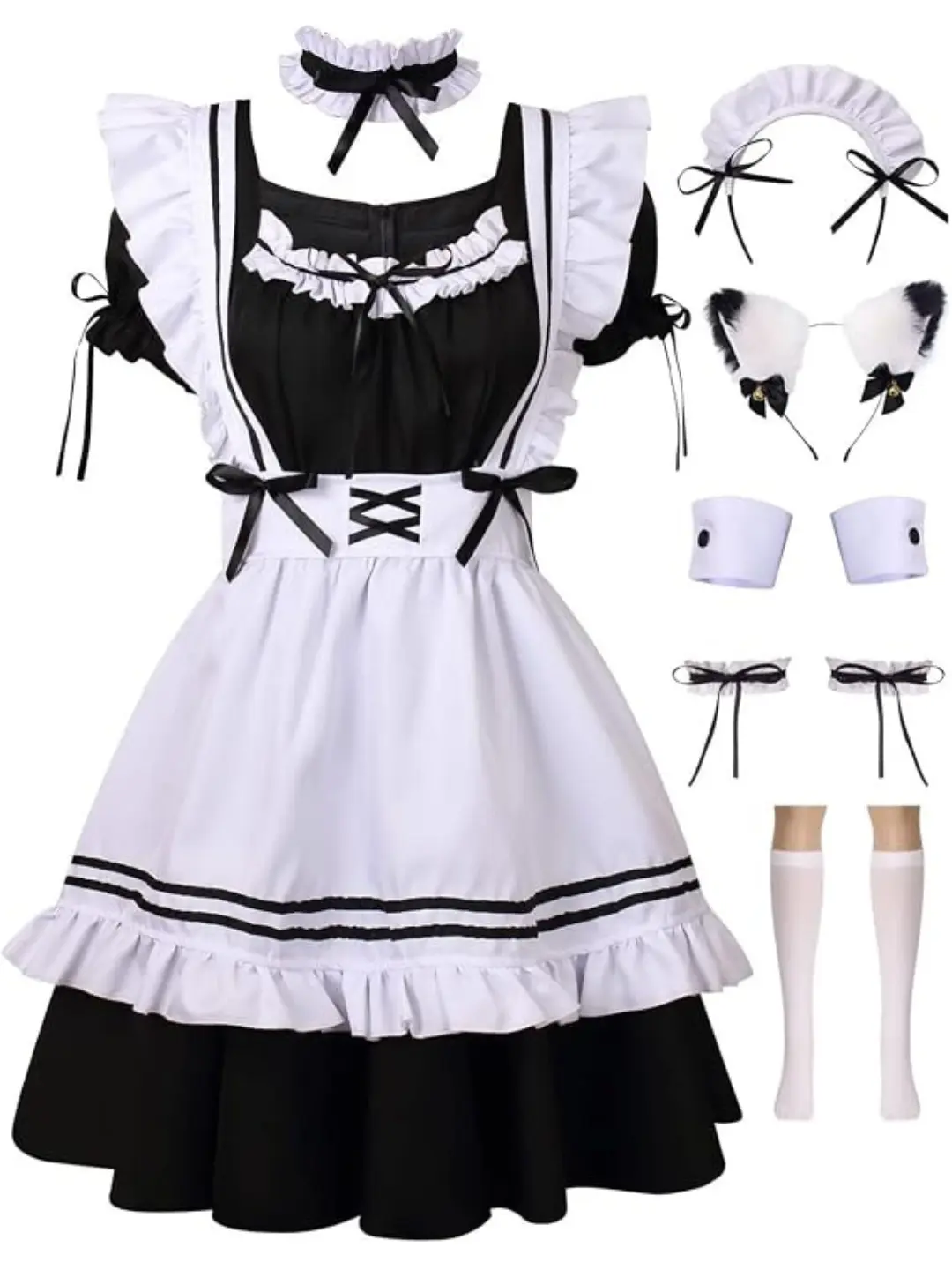 GRAJTCIN Women's Fitted Cute Bow Anime Cosplay French Apron Maid Fancy Dress Costume for Holiday Cosplays