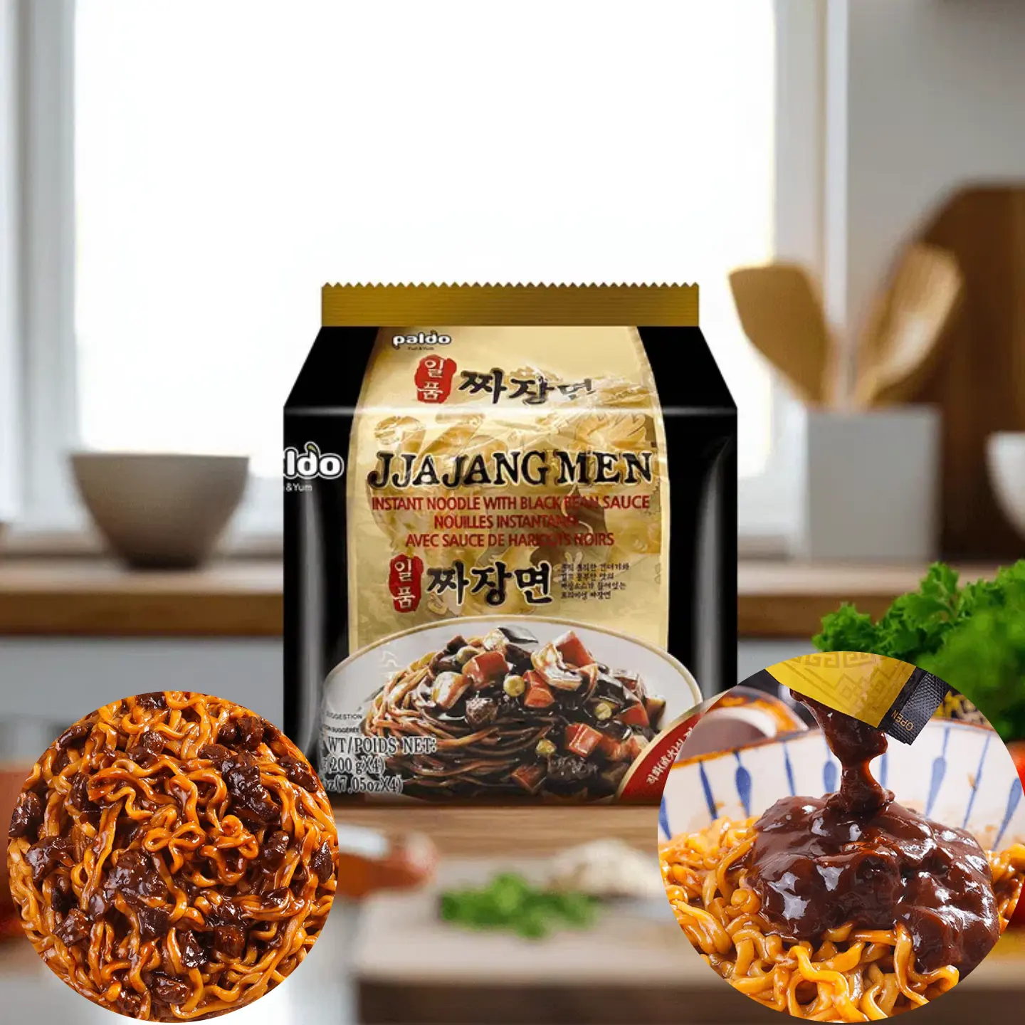 PALDO Brothless Cold Spicy Korean Instant Noodles/Jjajang Men Instant Noodles with Black Bean Sauce 4 Packs 7.05oz Traditional Brothless Chajang Ramen Flavorful Korean Dish