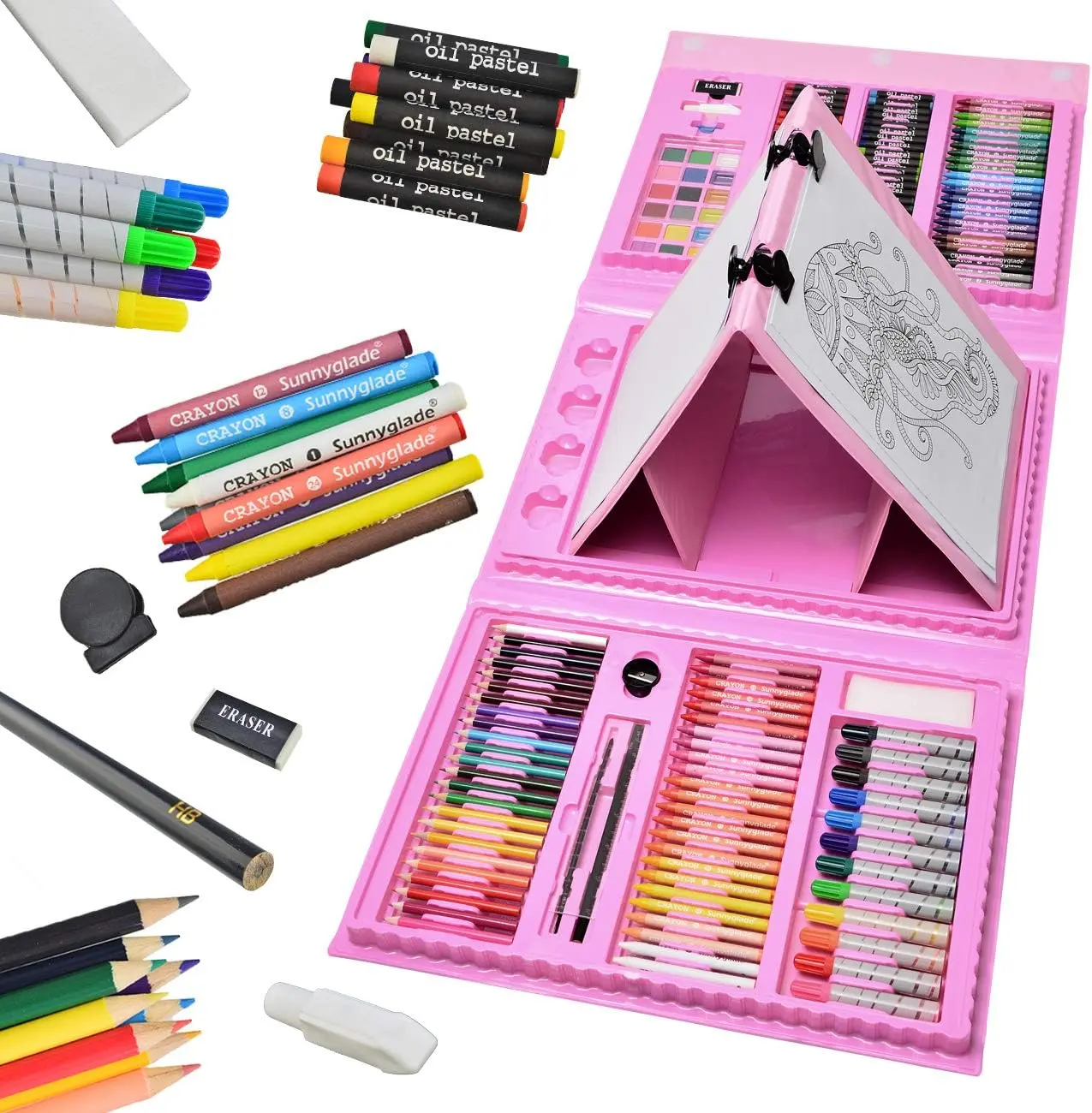 [Back to School] Unisex 185-Piece Double-Sided Trifold Easel Art Set, Office Art School Supplies Kit with Oil Pastels, Crayons, Colored Pencils, Markers, Paint Brushes, Watercolor Cakes, Sketching Drawing Sketchbook for Coloring Needs, Painting Set, Back
