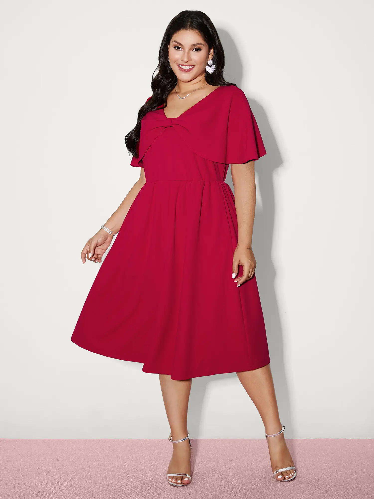BLOOMCHIC Women's Casual Half Sleeve 1-Shoulder Bow Cape Waist-Defining Midi Dress - Polyester Blend-Spandex Fabric, Flattering Fit, Festival Cocktail Wear, Cold Wash, Low Iron, Pockets, Summer Finds, One Shoulder