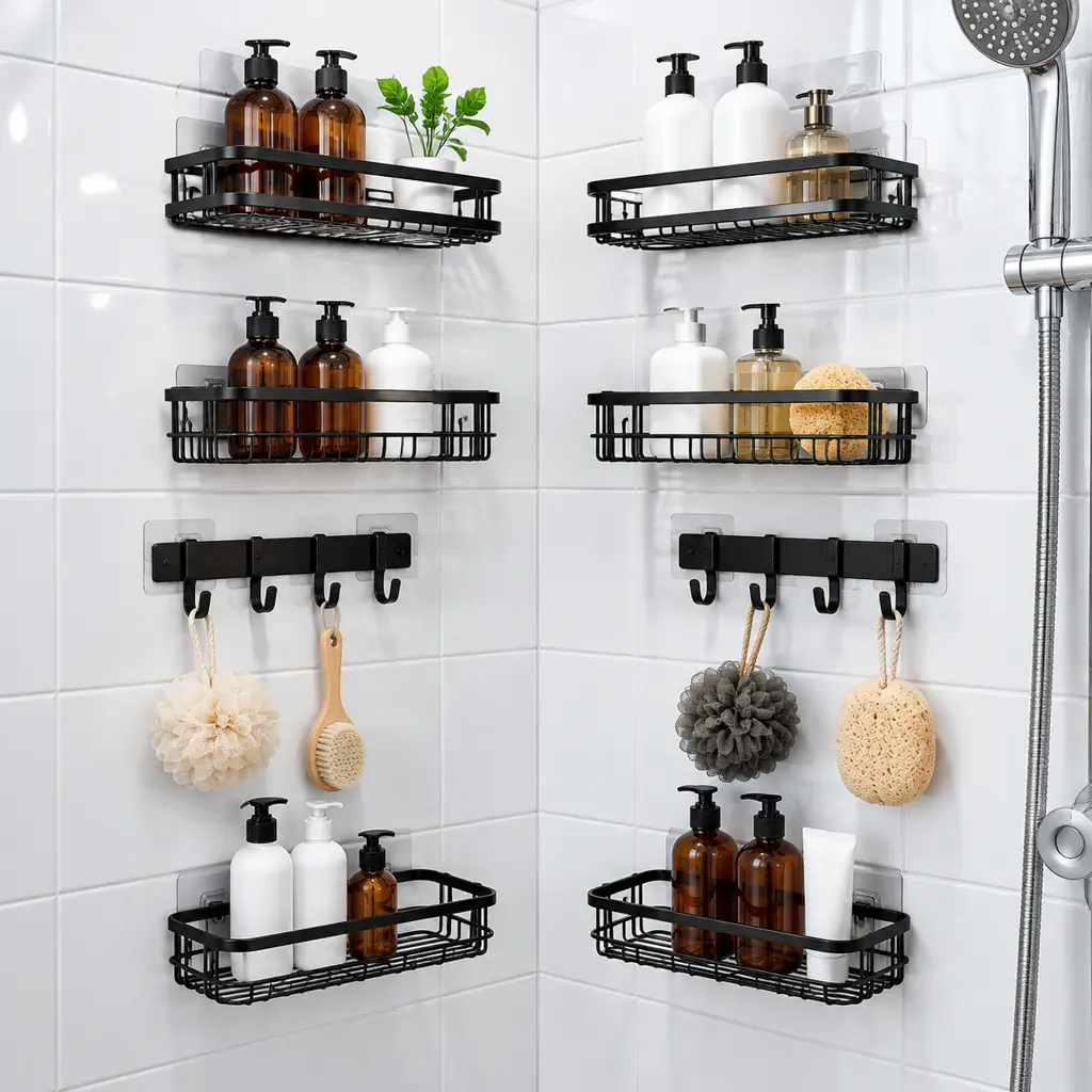 8-Piece Bathroom Storage Shelf Set Shower Shelves with Soap Holder Adhesive Rustproof Stainless Steel Shower Caddy Organizer 8-Pack