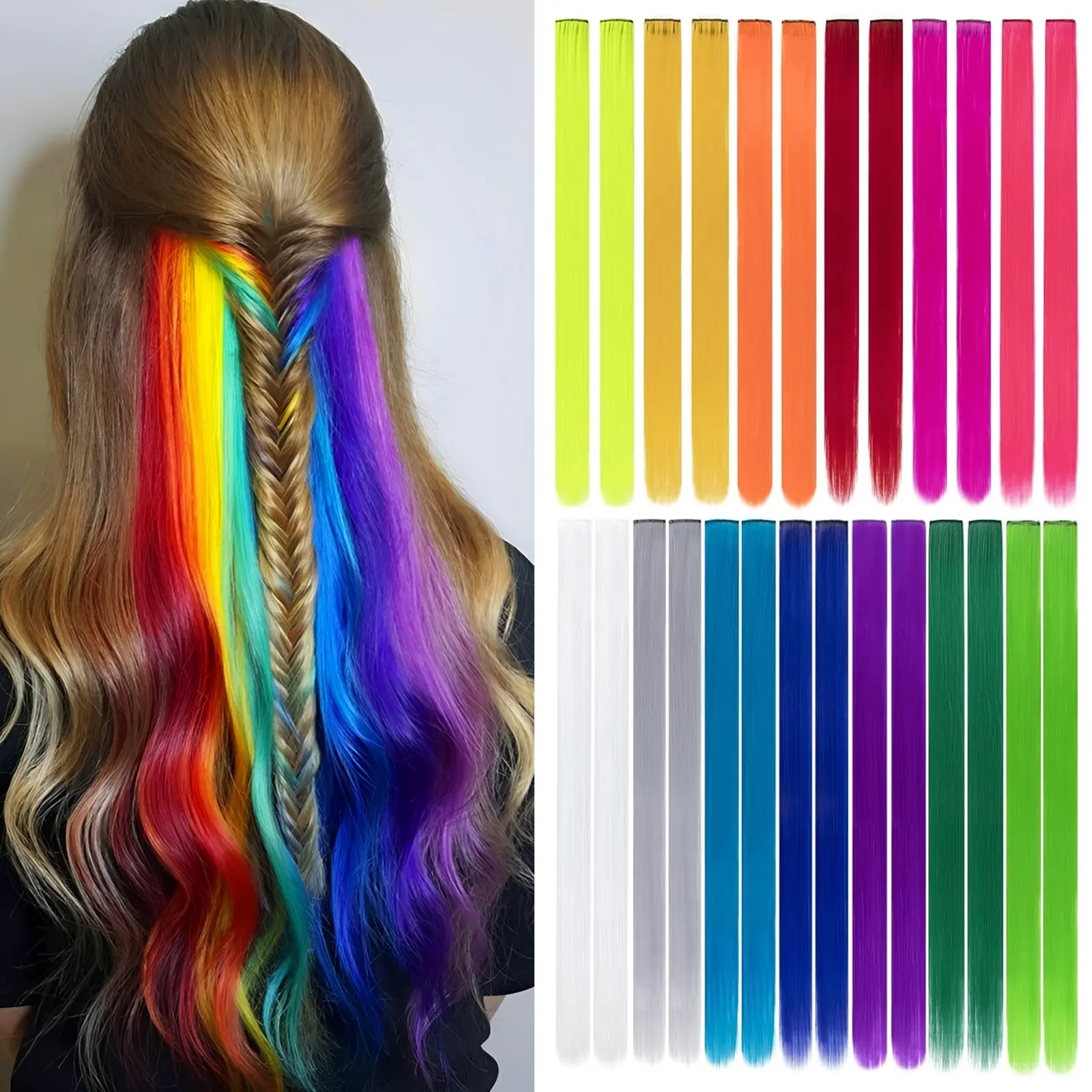 Fxmongyi Colored Clip in Hair Extensions 20Inch Straight Multi-Colors Party Highlights Clip In Hair Extension Synthetic Rainbow Hairpieces for Girls Kids Gift