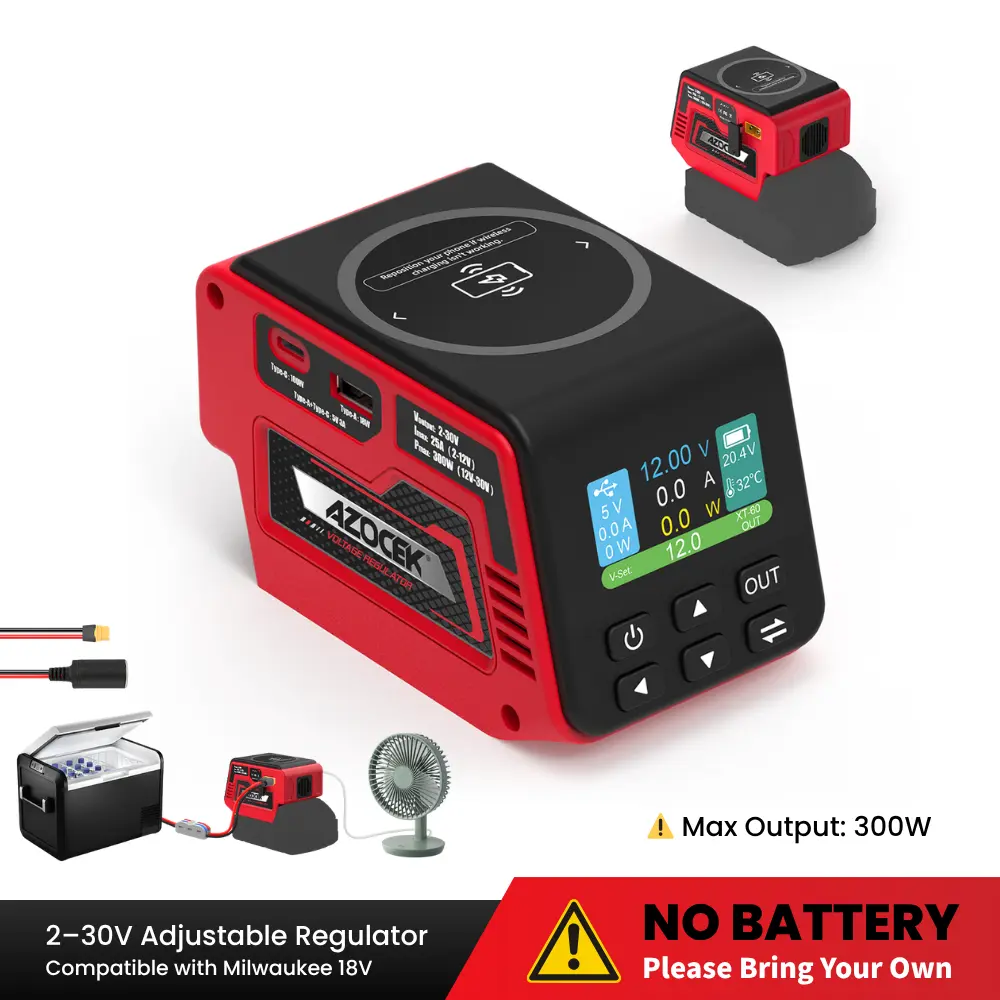 Azocek Adjustable 2–30V DC Voltage Regulator Compatible with Milwaukee 18V Battery – 300W XT60 Output, 100W USB-C PD3.1, 18W USB-A Fast Charging, 15W Wireless Charging, LCD Display [Battery Not Included]
