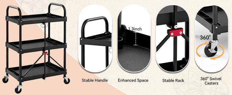 85-188 Pack-N-Roll Folding Collapsible Service Cart, 150LB Capacity, Black