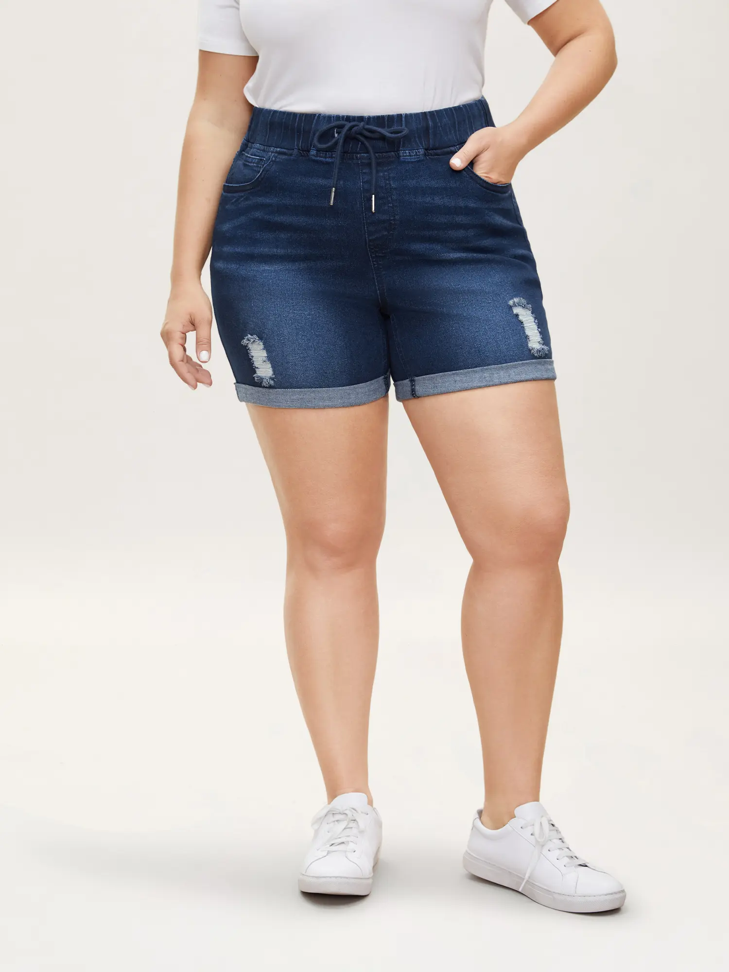 BLOOMCHIC Women's plus size denim shorts[M-6X] - Distressed,Drawstring,Roll Hem,Elastic Comfy Waist,Flattering Fit,Curvy Clothing,hot girl summer outfit,2026 Summer Everyday Wear,Bottom Womenswear Leg,Summerfinds,back to school shopping