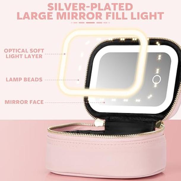 [New Deal] Small Makeup Bag Travel Train Case with Mirror and Light Mini Travel Make up Train Case Cosmetic Organizer Adjustable Brightness Toiletry Bag Portable Artist Storage