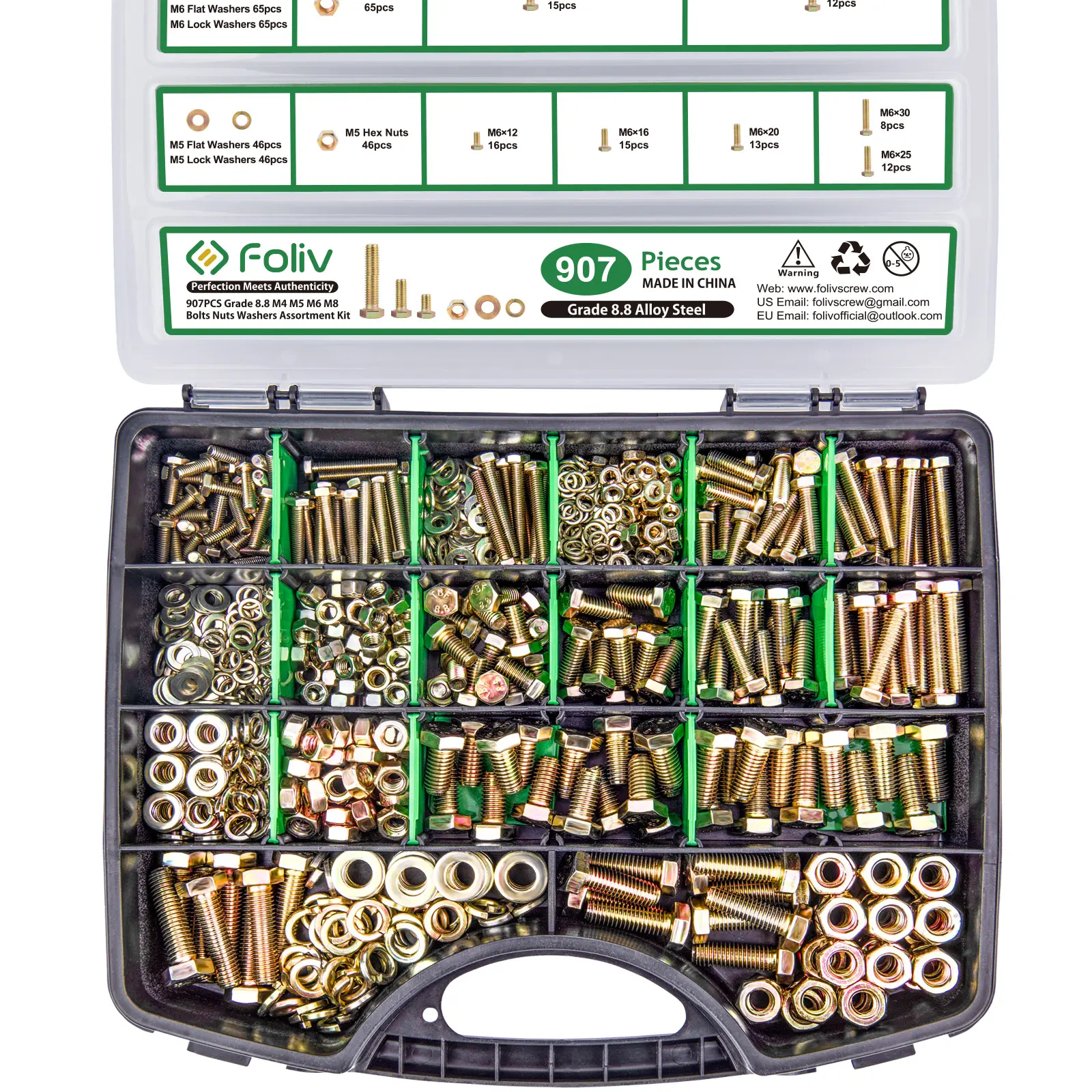 FOLIV 907/566/523 pcs Grade 8.8 Metric Bolt Assortment, M4 M5 M6 M8 Heavy Duty Bolts and Nuts Kit,Yellow Zinc Plated, Length from 12-30mm magnetic cabinet latch ver x bolts wire nuts velx bolts Hex Cap Screws Anchor Screws