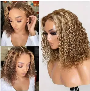 Ombre Highlight Deep Wave Curly BOB Lace Front Wigs Human Hair Pre Plucked Wear And Go Glueless Honey Blonde And Brown 13x4 HD Short Curly Frontal BOB Wigs For Black Women 14 Inch  4/27