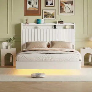 50'' Tall Queen Floating Bed with LED Lights & Charging Station,PU Leather Bed Frame with Storage Headboard,Kick-Free,Noise-Free,Easy Assembly, White