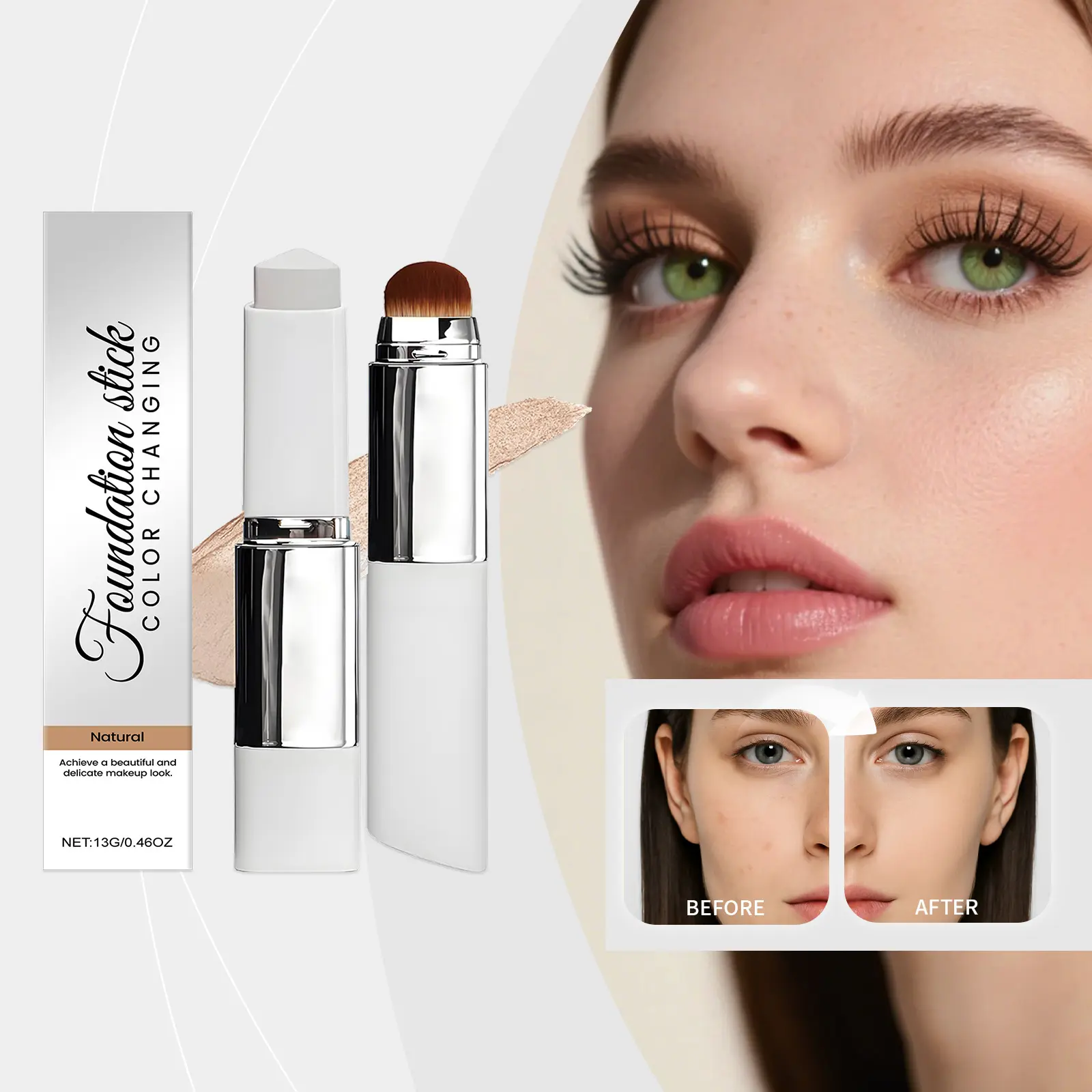2-in-1 Color Changing Cosmetic Foundation Stick with Brush - Hydrating, Long-Lasting On Stick Concealer & Foundation for Flawless Smooth Makeup Finish
