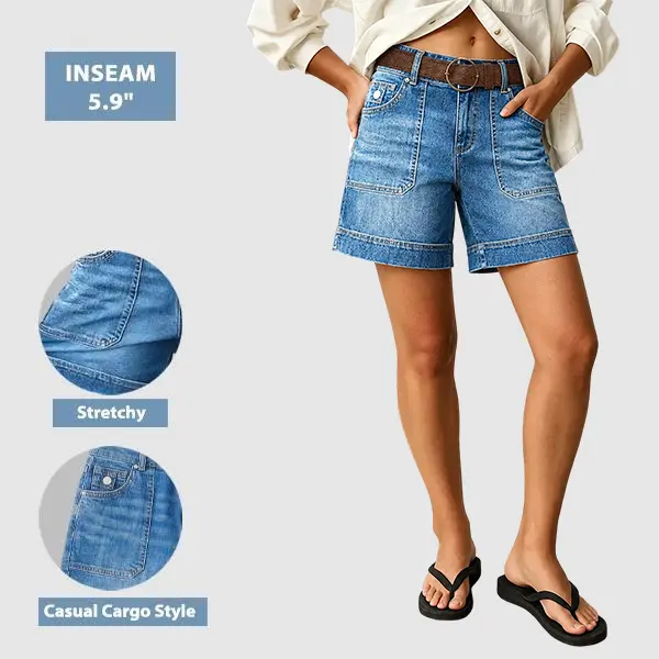 Flamingals Wash Split Mid Waist Denim Mid Thigh Shorts Without Belt Stretchy 5.9'' Inseam