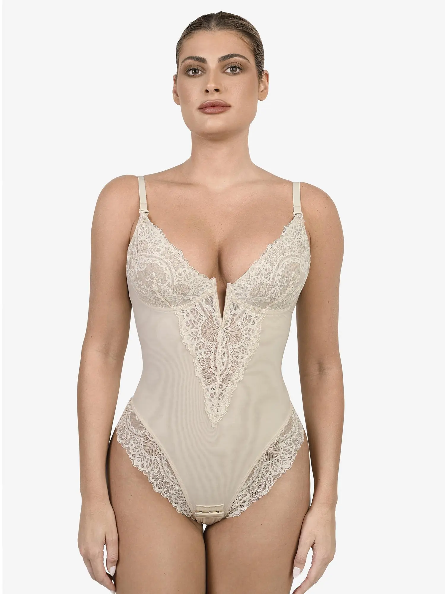 Popilush Deep-V Neck Built-in Shaper Lace Bodysuit Elegant Adjustable - live