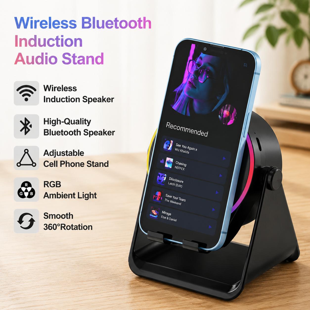 Dohelly 5-in-1 Wireless Induction Bluetooth Speaker - 360° Rotatable LED Stand, Universal Smartphone/Tablets Charger, Surround Sound, Portable Desktop Gift for Home Cooking, Father's Day Dohelly 5-in-1 Wireless Induction Bluetooth Speaker - 360° Rotatable LED Stand, Universal Smartphone/Tablets Charger, Surround Sound, Portable Desktop Gift for Home Cooking, Father's Day