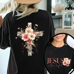 Aesthetic Floral Christian T-Shirt | Premium 100% Cotton Heavyweight Tee | Motivational "Jesus is the Light" Bible Verse Apparel | Vintage Religious Cross Floral Gift for Her | Soft Breathable Faith Based Streetwear