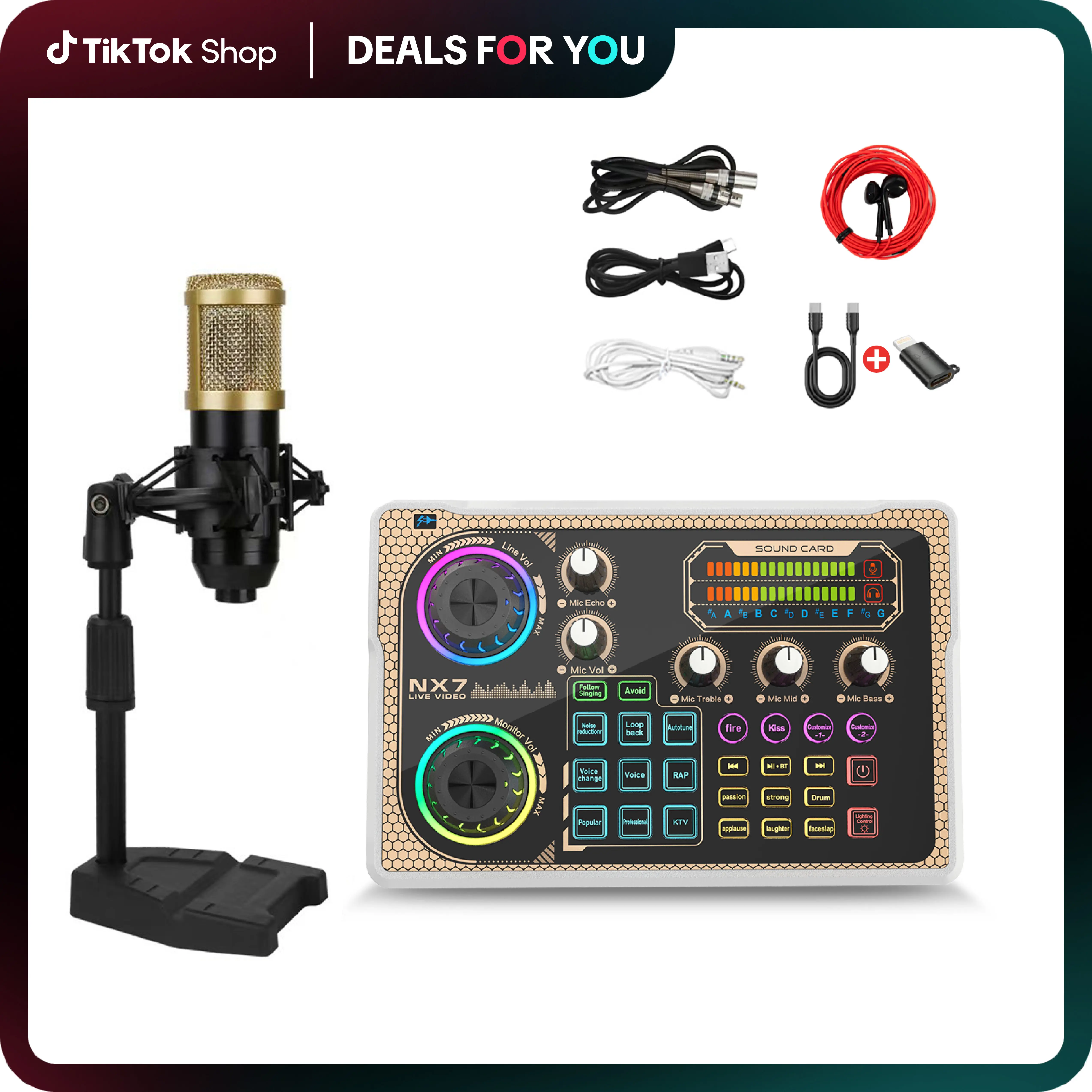 NX7 LED Karaoke Mixer - Audio Home Amplifier with 6.5mm Port, Auto Mixing, Sing-Along Function, PC Microphone Set, Dual Smartphone Ports, Outdoor Use, Dual Mic Input