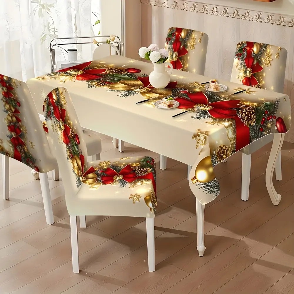 5/7pcs Christmas Tablecloth & Woven Elastic Dining Chair Slipcovers Set, Retro Vintage Red Gold Geometric Wreath Print, Machine Washable Polyester Spandex, Family Holiday Home Supplies for Round/Rectangle Tables