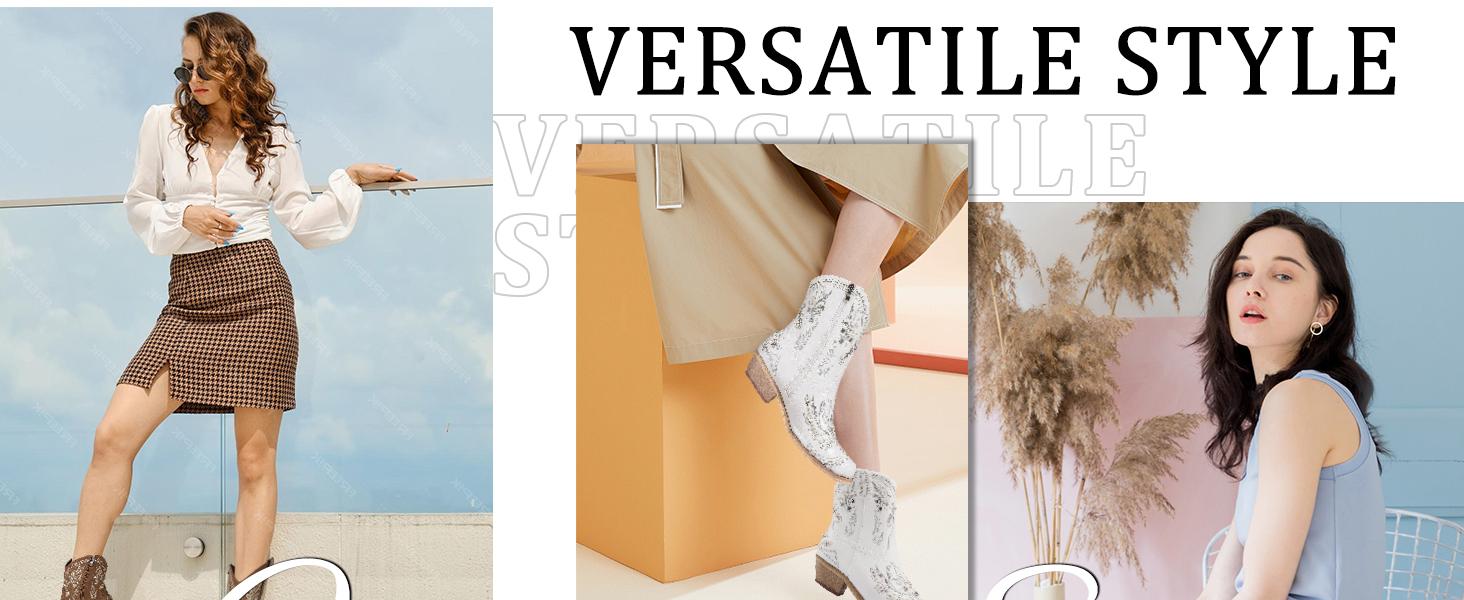 Rhinestone Ankle Cowboy Boots for Women Embroidered Short Cowgirl Boots with Low Heel Side Zipper Comfortable Chunky Heel Western Booties for Prom Party Wedding Pull On Shoe