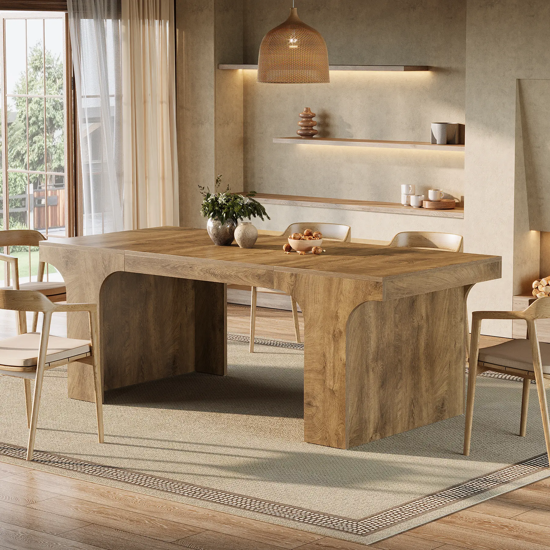 Tribesigns 71-Inch Wooden Dining Table, Arched Design, Rectangular Kitchen Furniture for 6-8,Long Modern Wooden Kitchen Table, Large Rectangular Dining Furniture with Double Pedestal for Dinner Room